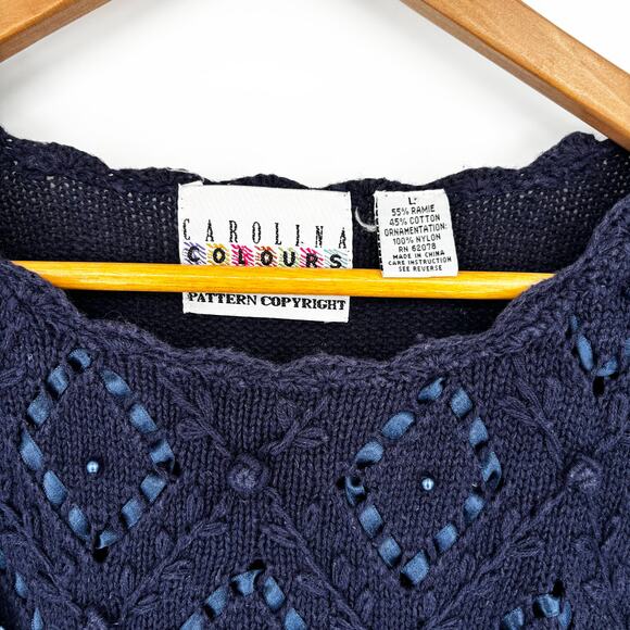 Carolina Colours Navy Blue Pearl Ribbon Detail Pullover Sweater Size L - Picture 6 of 7